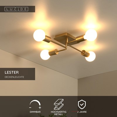 Lucide LESTER - Deckenleuchte - 4xE27 - Mattes Gold / Messing